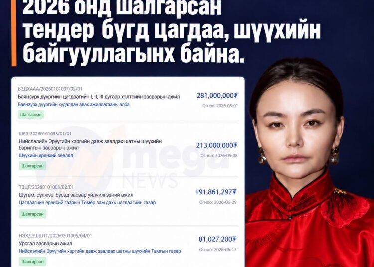 УДГАН Б.БУЛНАЙГИЙН ЭЗЭМШДЭГ  “АРИУН УР” ХХК-ИЙН 2026 ОНД ШАЛГАРСАН ТЕНДЕРҮҮД БҮГД ЦАГДАА, ШҮҮХИЙН БАЙГУУЛЛАГЫНХ БАЙНА